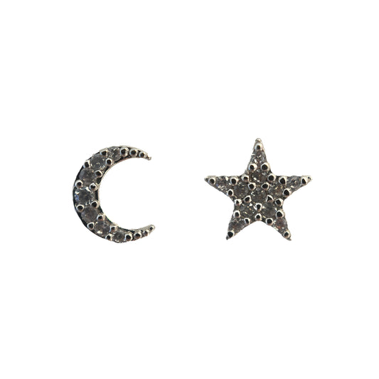 Silver Crystal Moon Star Stud