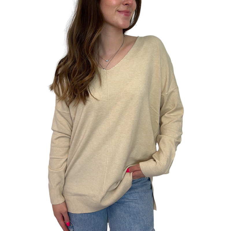 V-Neck Sweater in Heather Oatmeal