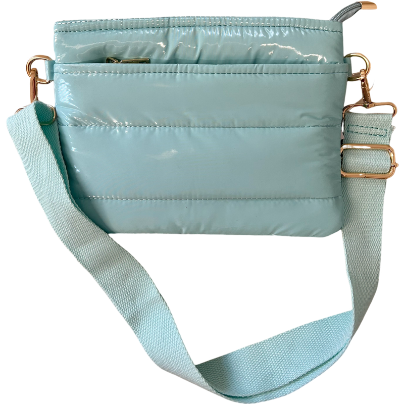 East West Puff Sling Bag in Gloss Light Blue