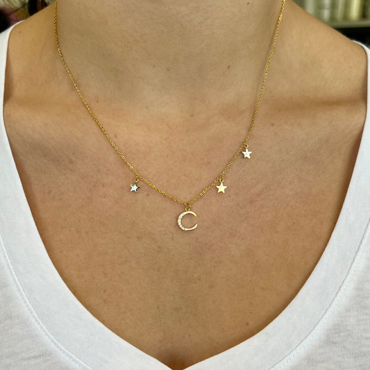 Gold Crystal Moon+Star Necklace