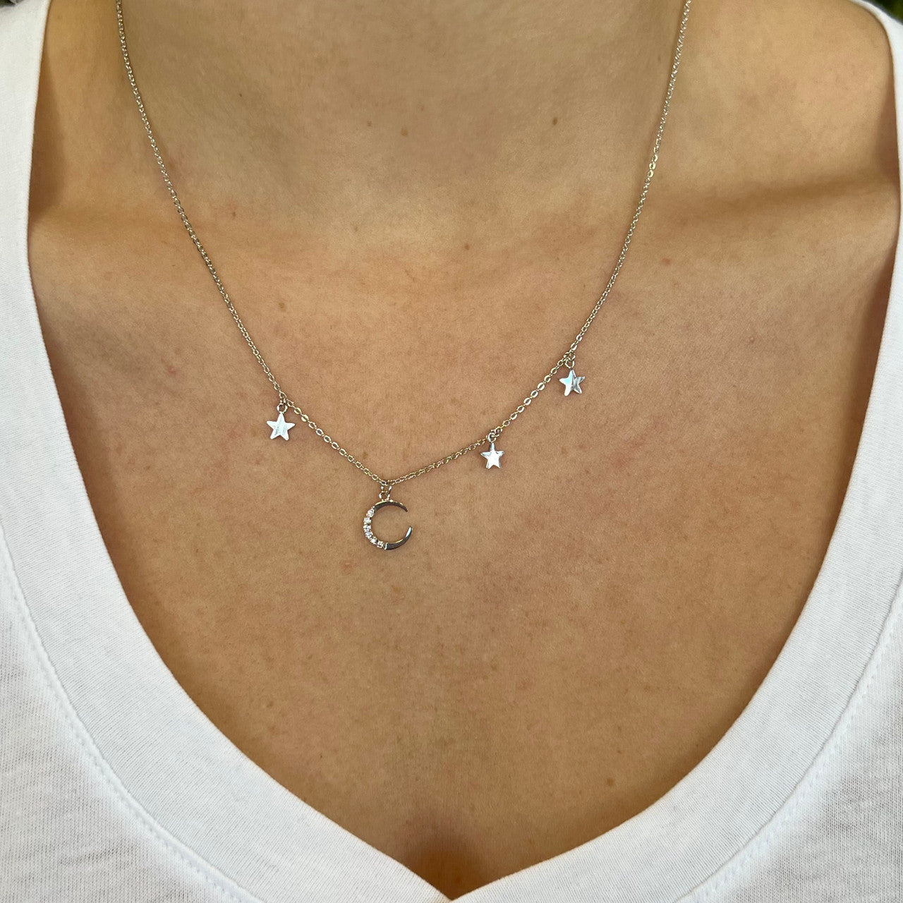 Silver Crystal Moon+Star Necklace