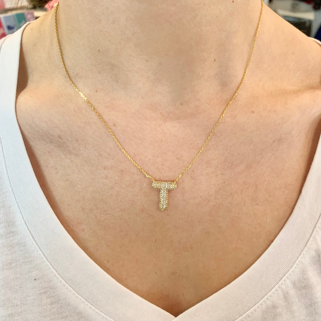 Crystal Puff Initial Necklace T