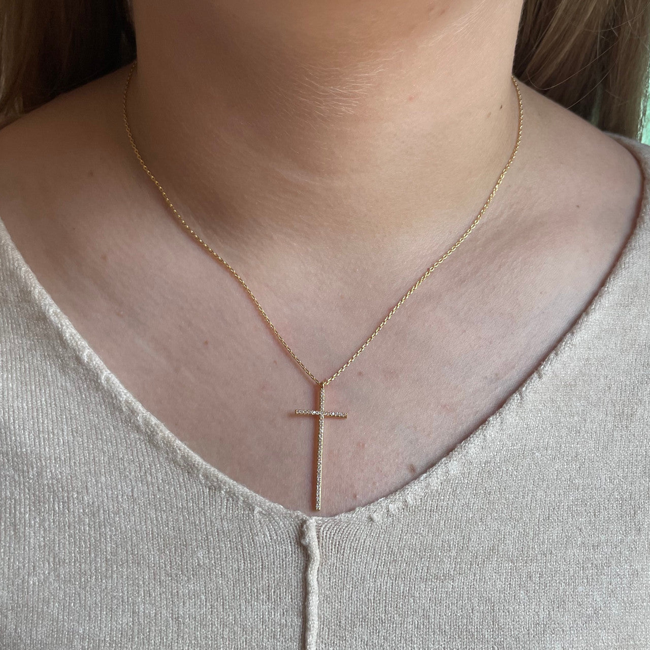 Long Crystal Cross Gold Necklace