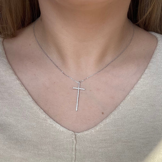 Long Crystal Cross Silver Necklace